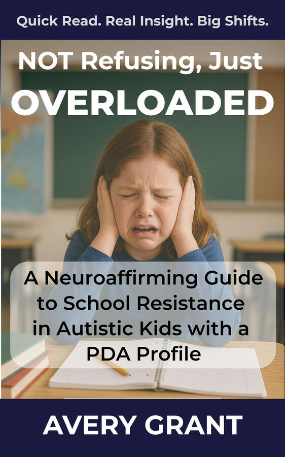 A validating, actionable guide to understanding school resistance in autistic and PDA kids—helping parents reduce pressure, support regulation, and rebuild safety. Book cover for “Not Refusing, Just Overloaded: A Neuroaffirming Guide to School Resistance in Autistic Kids with a PDA Profile,” focused on reducing overload and anxiety.