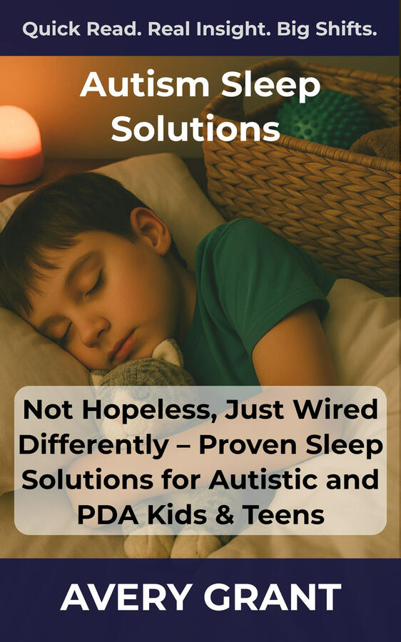 A comprehensive neuroaffirming sleep guide for autistic and PDA kids, covering melatonin, routines, sensory needs, co-sleeping transitions, and night wakings. Book cover for “Autism Sleep Solutions: Proven Sleep Strategies for Autistic and PDA Kids,” covering routines, sensory supports, melatonin, and night waking guidance.
