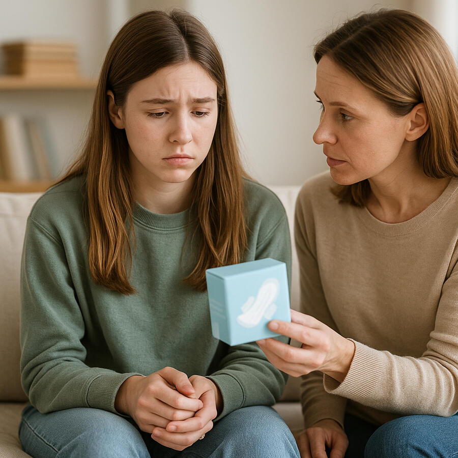 A picture of an autistic girl who got her period and is going through puberty. Her mother is offering pads. She looks anxious and has sensory sensitivities.